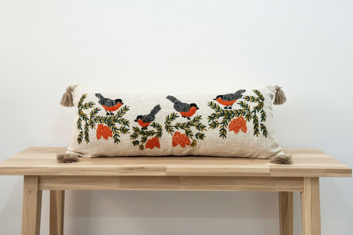 Embroidered Robin & Pine Lumbar Cushion Cover with Tassels – Multi Corns 1