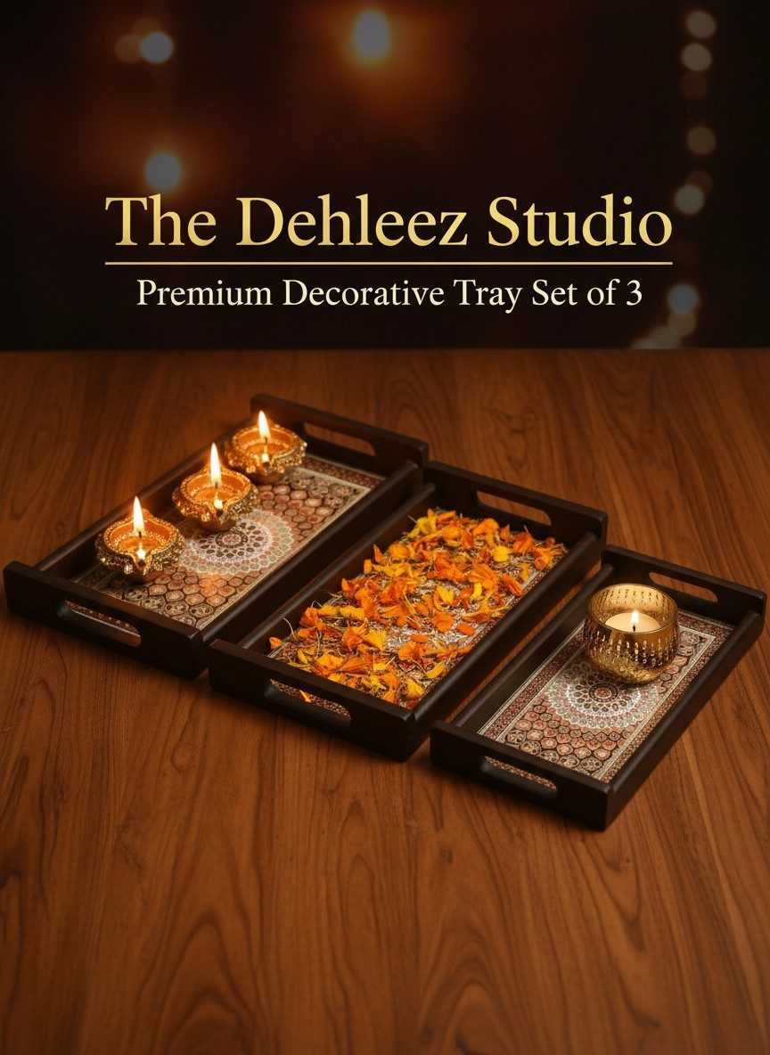 Lacquered Wooden Tray Set of 3 | Decorative Reed Inlay Frame | Raised Bar Handles - Persian Medallion 2