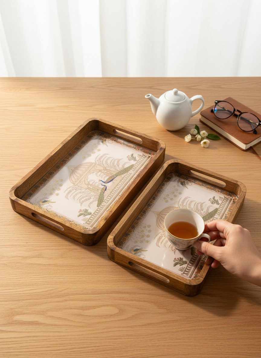 Solid Mango Wood Serving Tray Set of 2 | Lacquered Finish with Raised Bar Handles - Peacock Pavilion 4