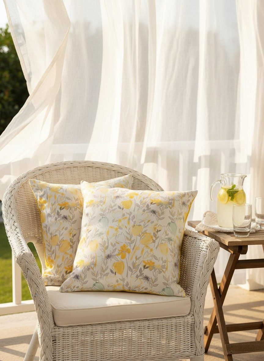 Watercolour Floral Square Cushion Cover – Yellow & Grey (Set of 2) 1