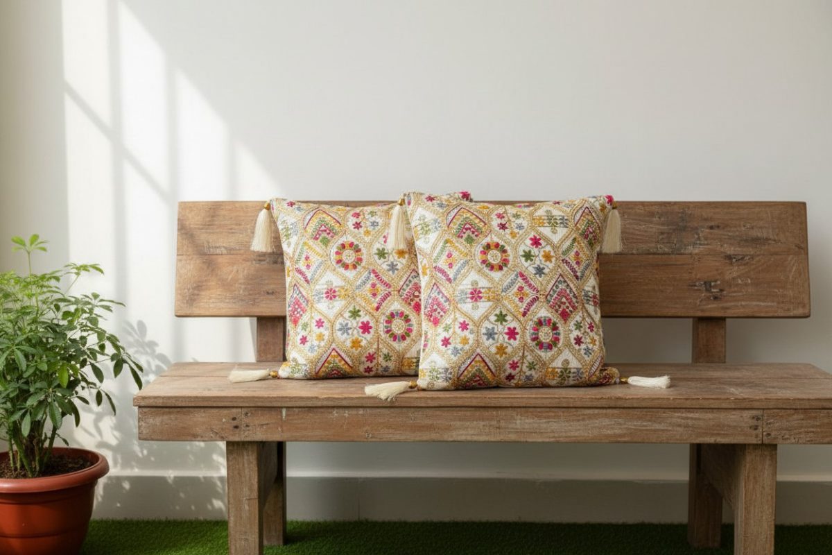 Embroidered Multicolour Square Cushion Cover with Tassels – Cream 2