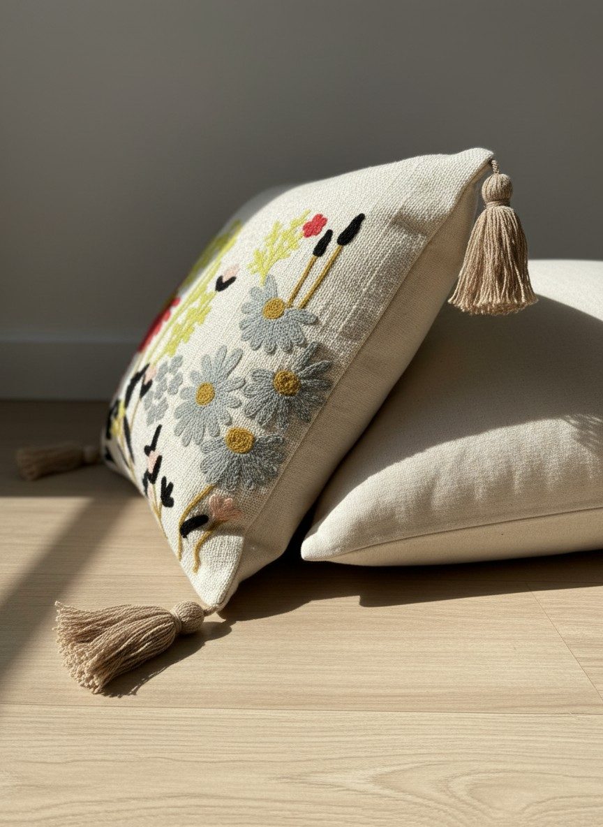 Wildflower Daisy Boho Cushion Cover with Tassels — 16x16 Inches 4