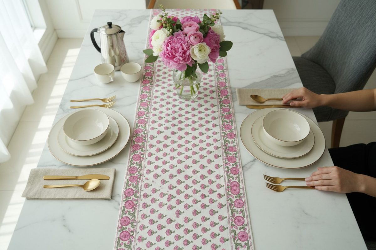 Hand Block Print Pink Buti Cotton Table Runner — Rose & Sage 4