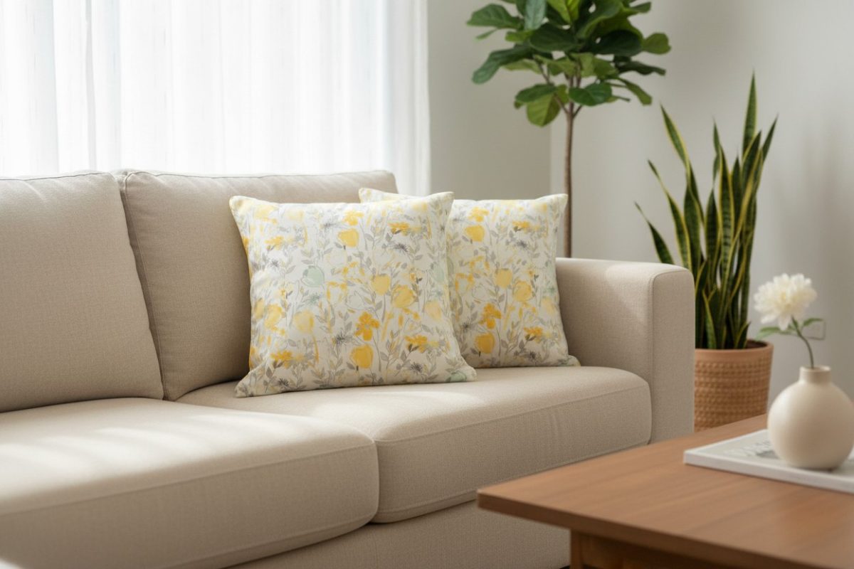 Watercolour Floral Square Cushion Cover – Yellow & Grey (Set of 2) 2