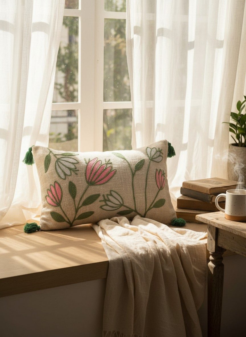 Embroidered Decorative 12X20 inch Cushion Cover with Tassels – Boho Embroidered Throw Pillow Case (1 Pc) - Pink Tulips 4