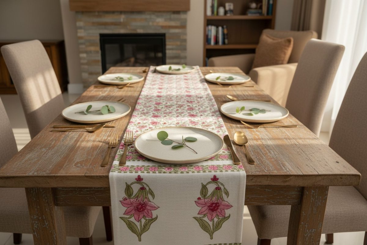 Hand Block Print Lotus Bloom Cotton Table Runner — Pink & Olive 4