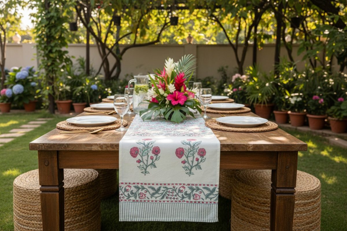 Hand Block Print Rose Vine Cotton Table Runner — Pink & Sage 4
