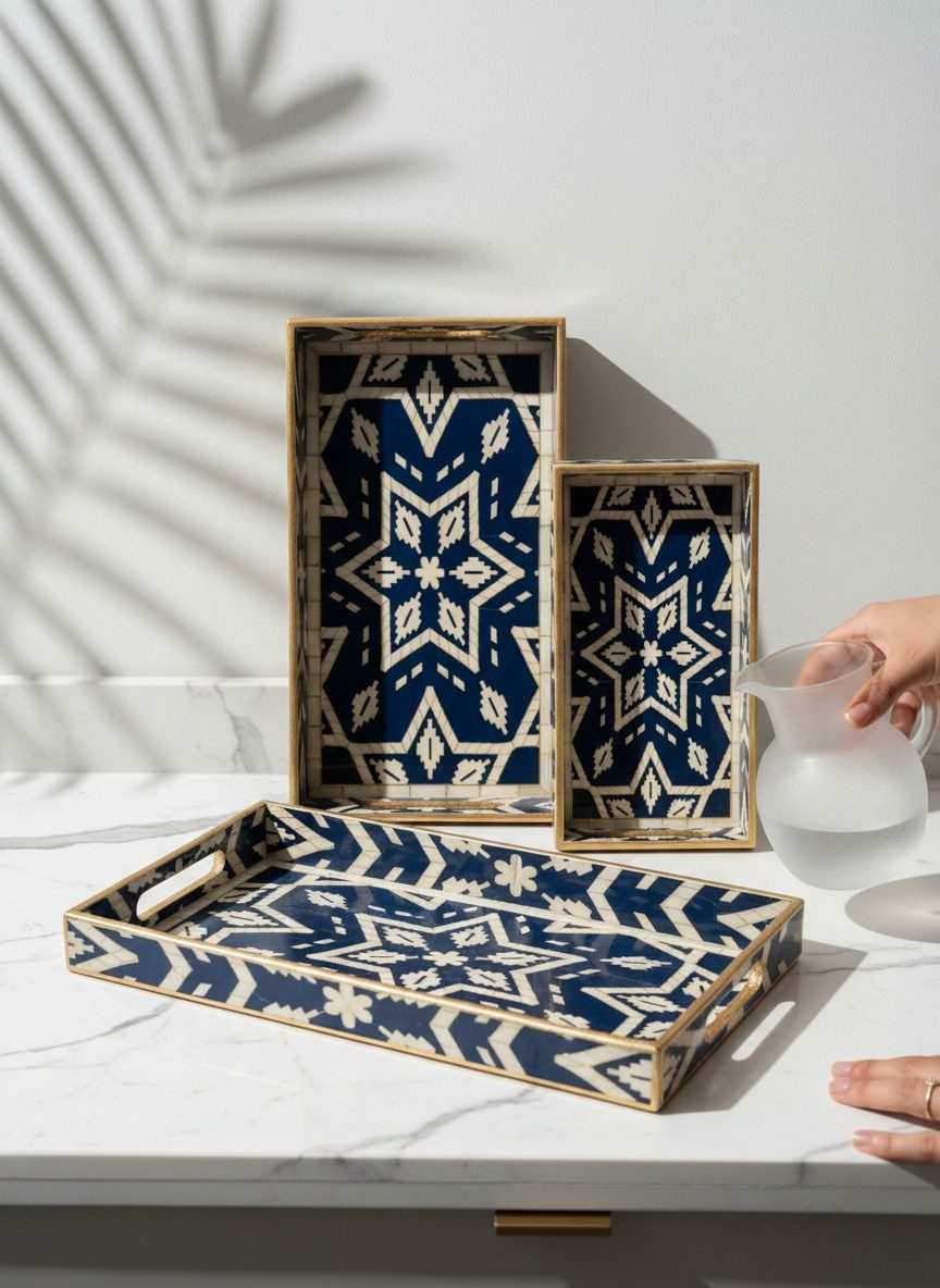 Decorative Serving Tray Set of 3 | Printed MDF Trays with Raised Bar Handles - Navy Geometric 1