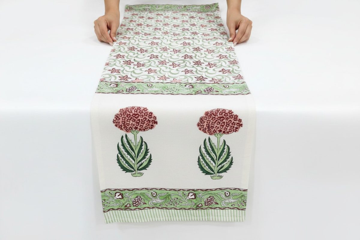 Hand Block Print Marigold Bloom Cotton Table Runner — Pink & Sage 4