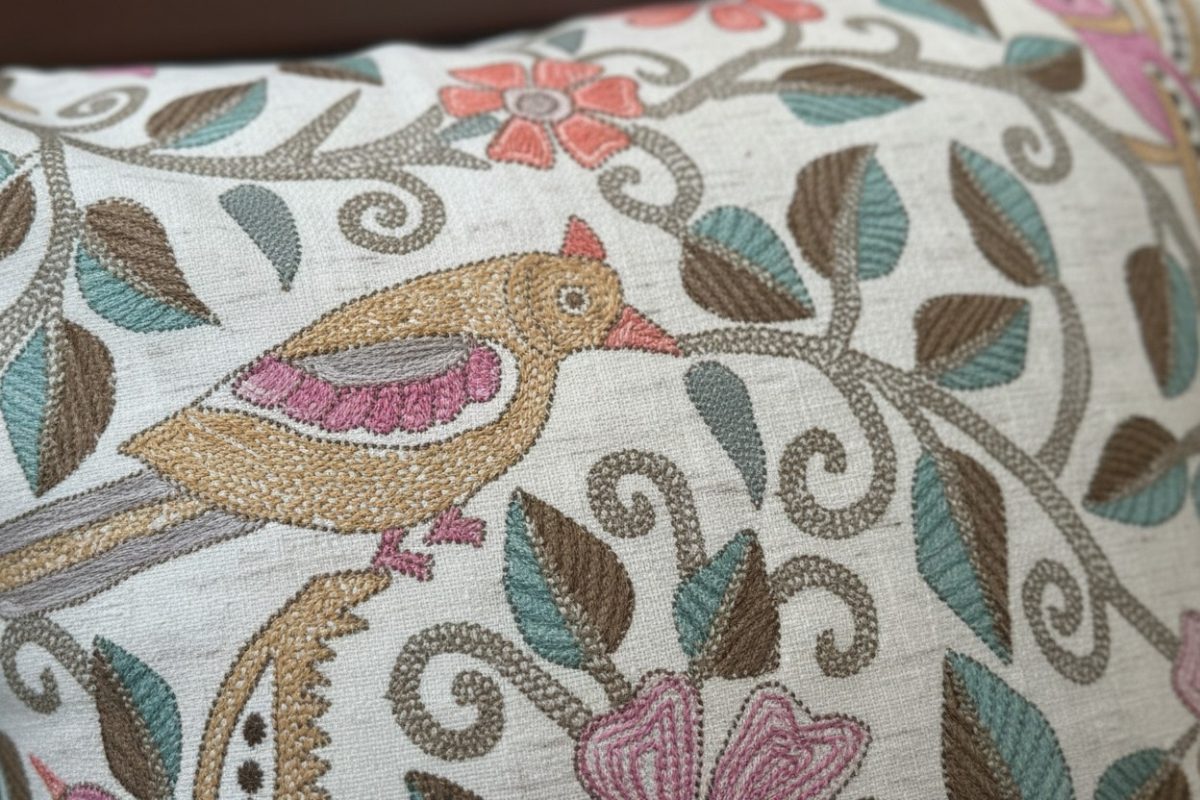 Embroidered Floral Vine Square Cushion Cover – Cream & Multicolour 2