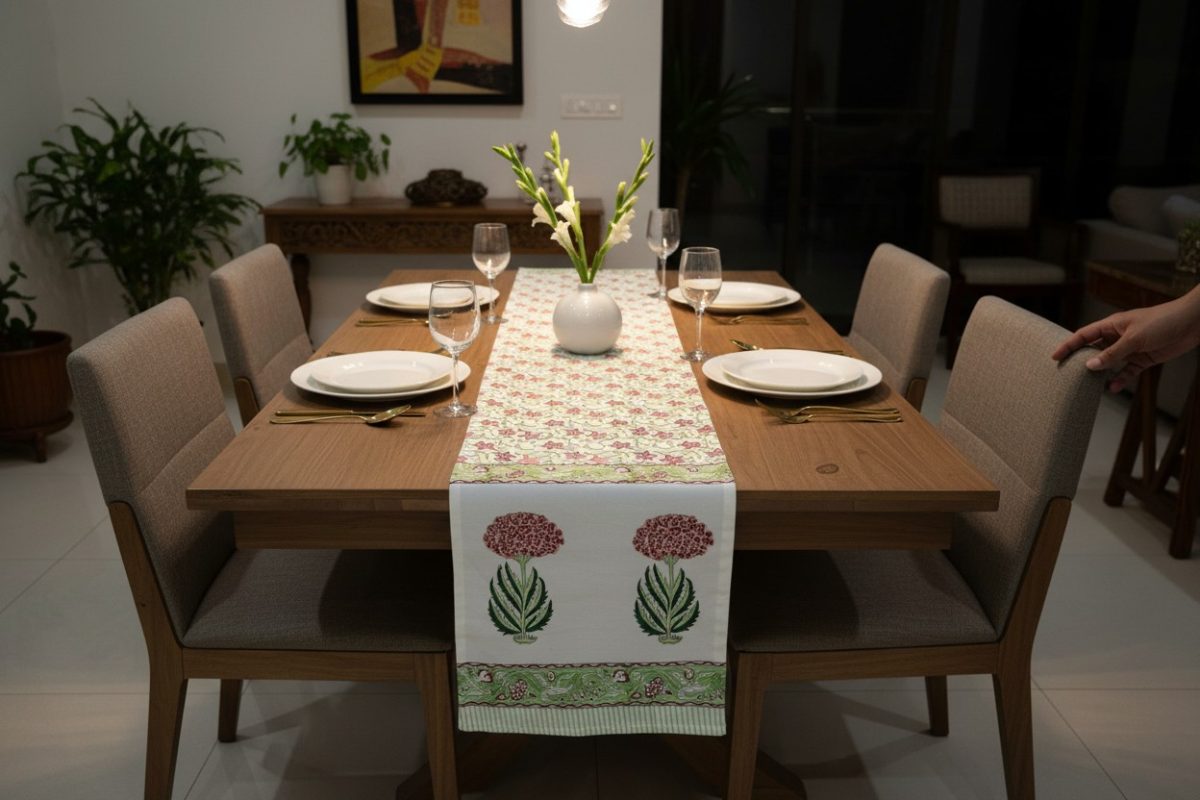 Hand Block Print Marigold Bloom Cotton Table Runner — Pink & Sage 1