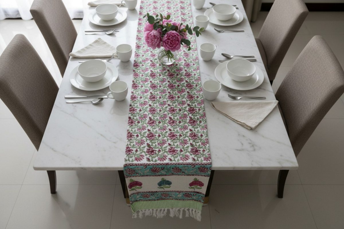 Hand Block Print Floral Motifs Jute Table Runner — Magenta & Teal 4