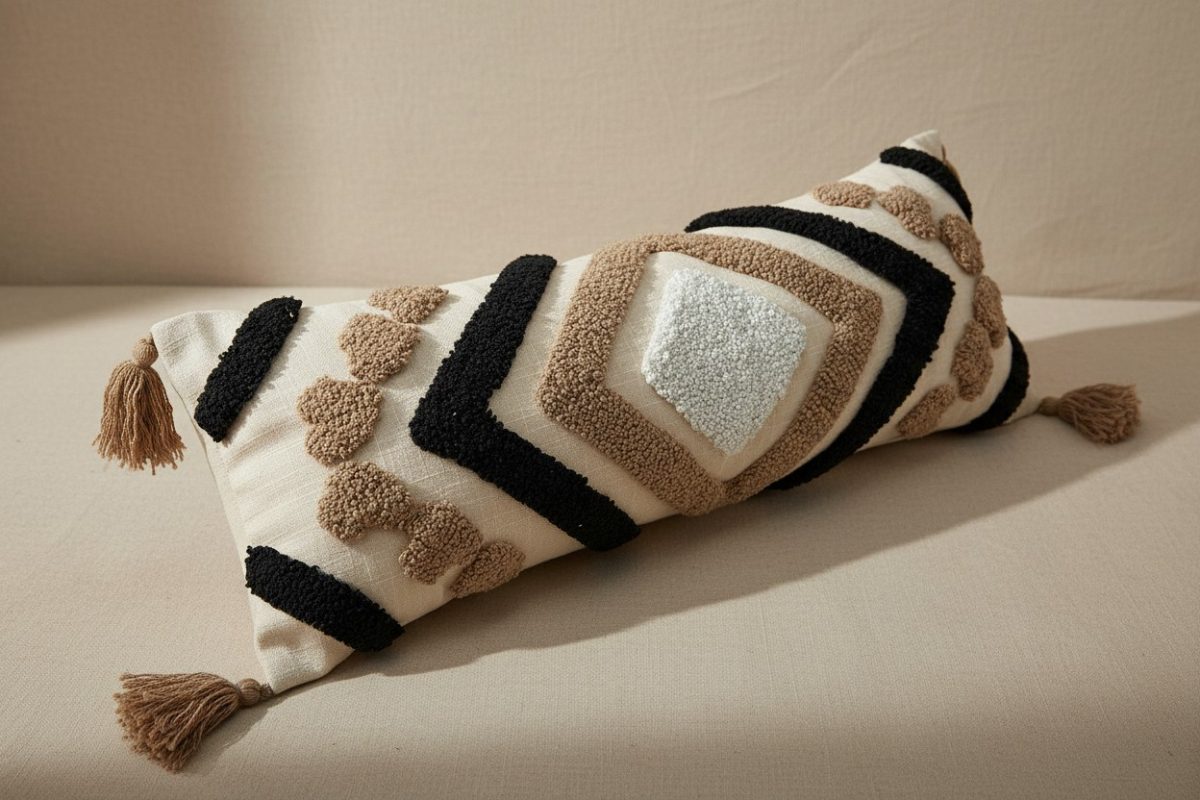 Tufted Geometric Lumbar Cushion Cover with Tassels – Beige & Black 5