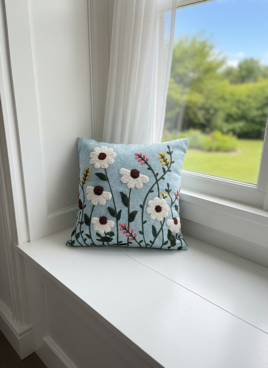Floral Punch Needle Wildflower on Powder Blue Slub Cotton Embroidered Cushion Cover 16x16 Inch 2