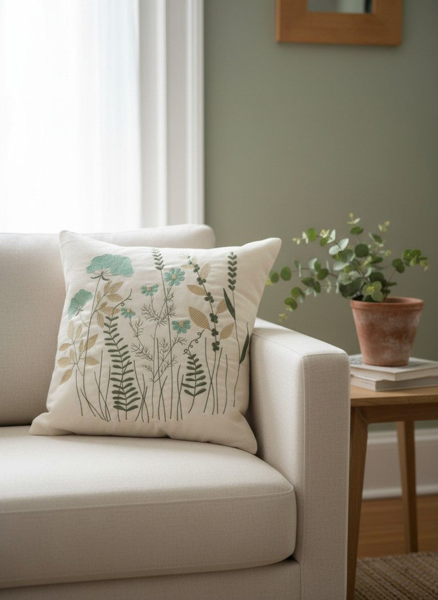 Off-White Hand Embroidered Cushion Cover — 16x16 Inches | Botanical Floral Throw Pillow Cover 4