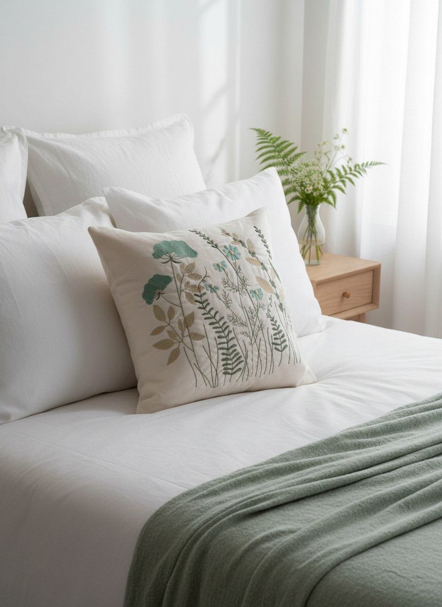 Off-White Hand Embroidered Cushion Cover — 16x16 Inches | Botanical Floral Throw Pillow Cover 2