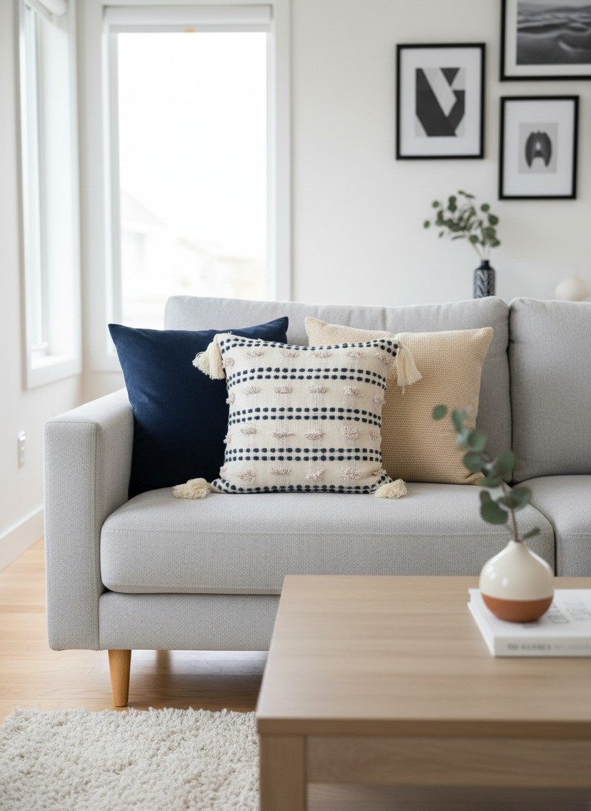 Ivory & Charcoal Tufted Cushion Cover 16x16 Inch — Boho Cotton Throw Pillow Cover with Corner Tassels 4