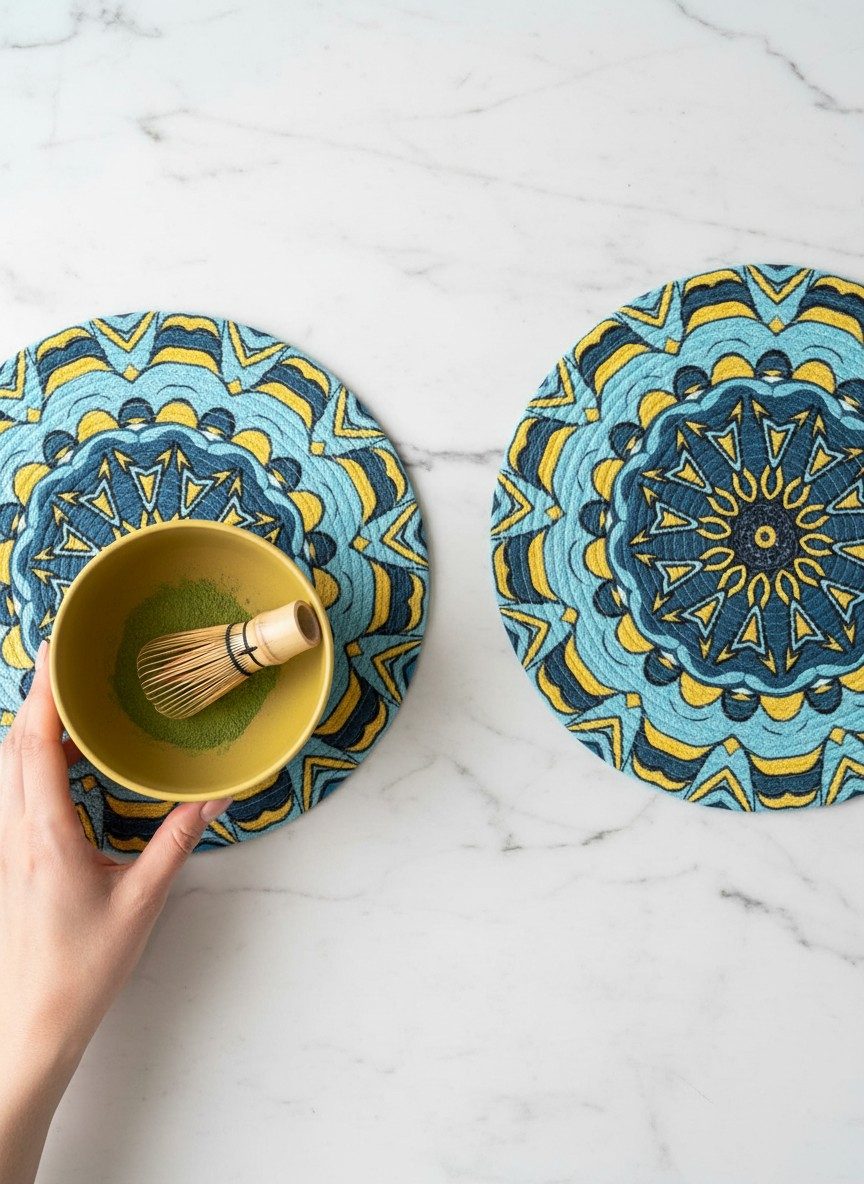Round Placemats, Set of 2 | 14 Inch Large Table Mats | Teal Mandala 1