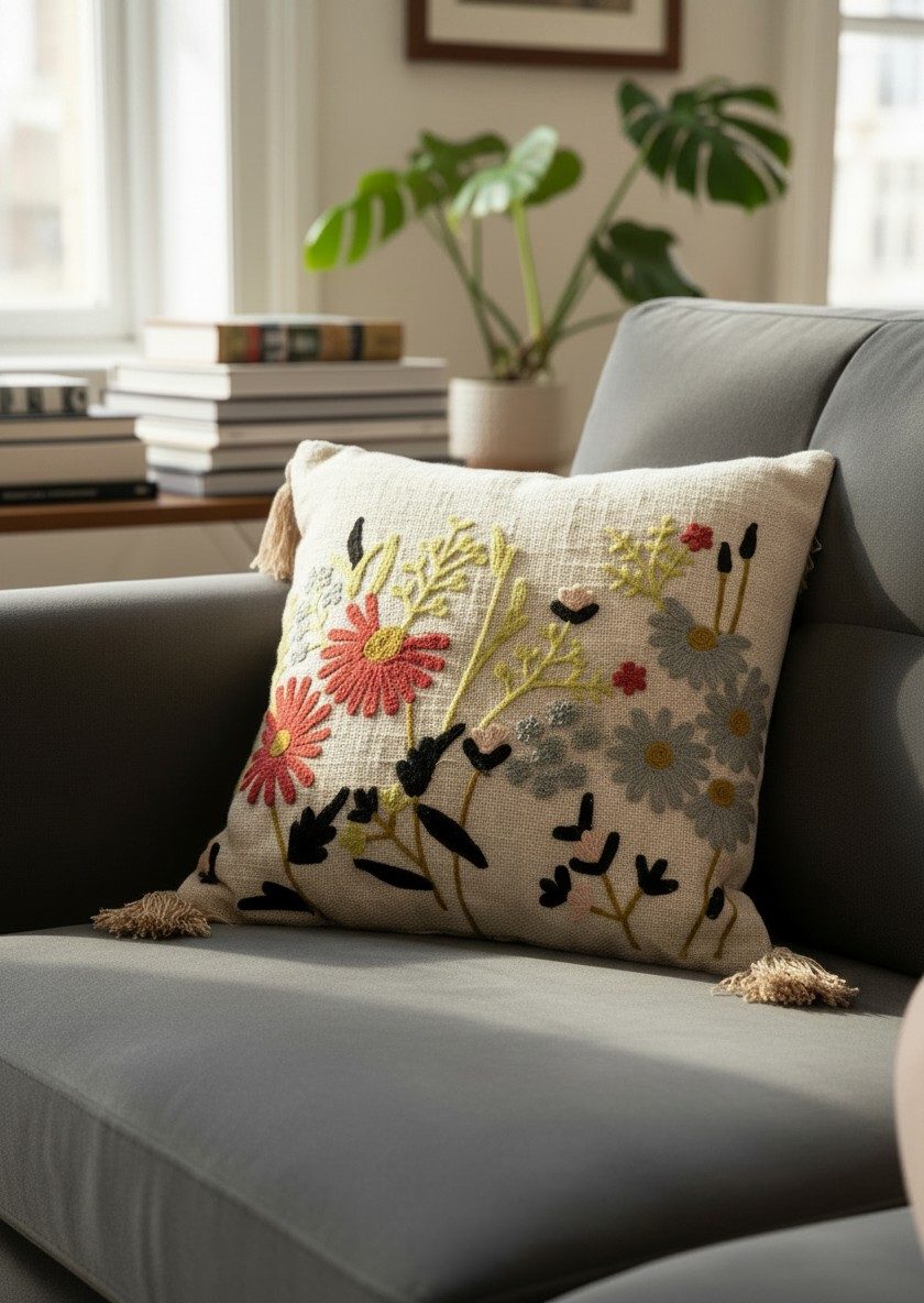Wildflower Daisy Boho Cushion Cover with Tassels — 16x16 Inches 2