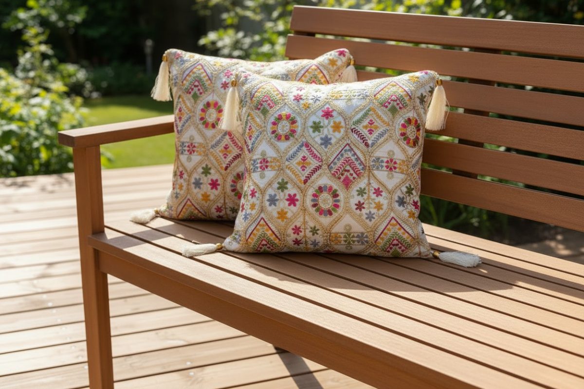 Embroidered Multicolour Square Cushion Cover with Tassels – Cream 1