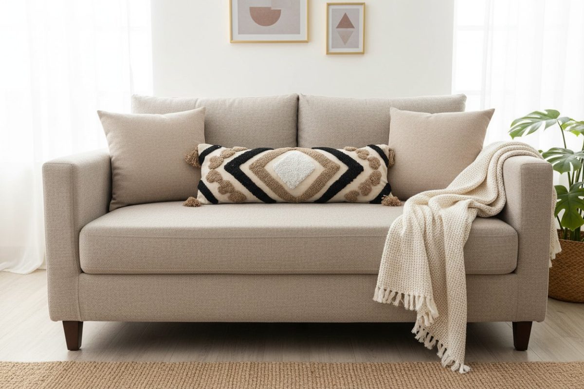Tufted Geometric Lumbar Cushion Cover with Tassels – Beige & Black 4