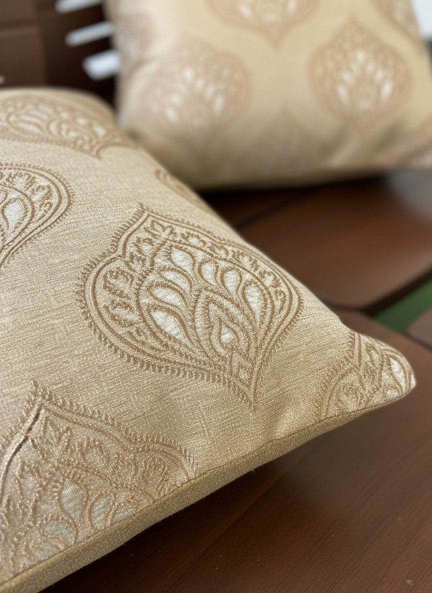 Jacquard Cushion Covers 16x16 Inch — Champagne Gold Mughal Ogee Damask Motif 2
