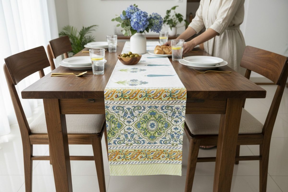 Hand Block Print Persian Medallion Cotton Table Runner — Multi 2