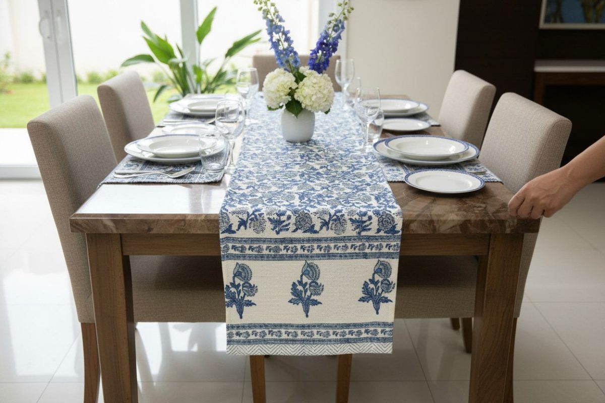 Hand Block Print Royal Buti Jute Table Runner — Indigo 2