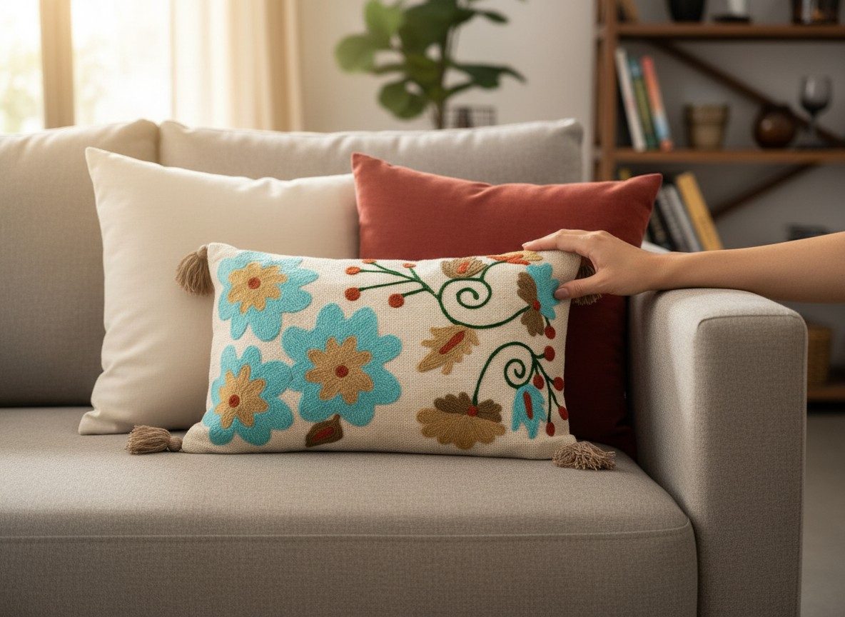 Embroidered Decorative 12X20 inch Cushion Cover with Tassels – Boho Embroidered Throw Pillow Case (1 Pc) - Turquoise Floral 1