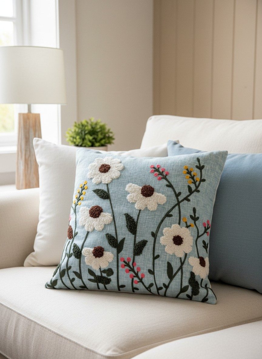 Floral Punch Needle Wildflower on Powder Blue Slub Cotton Embroidered Cushion Cover 16x16 Inch 4