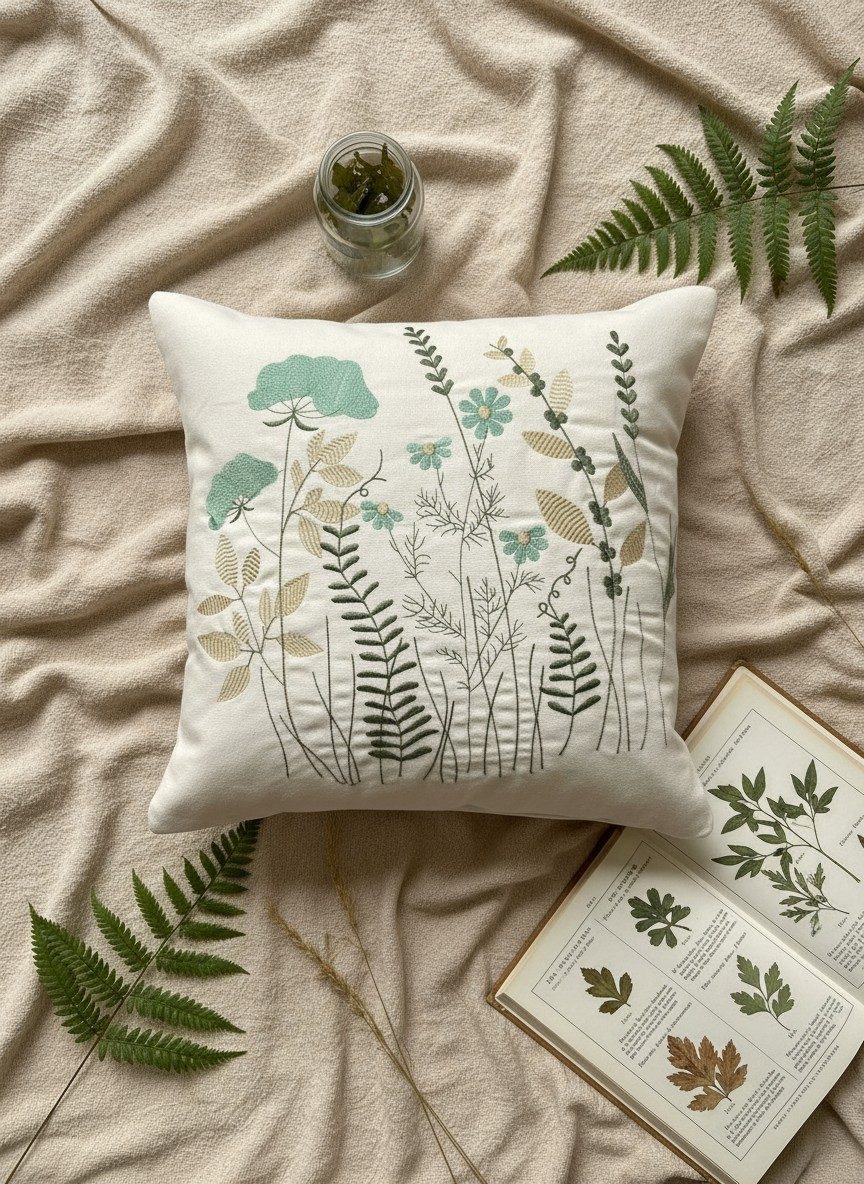 Off-White Hand Embroidered Cushion Cover — 16x16 Inches | Botanical Floral Throw Pillow Cover 1