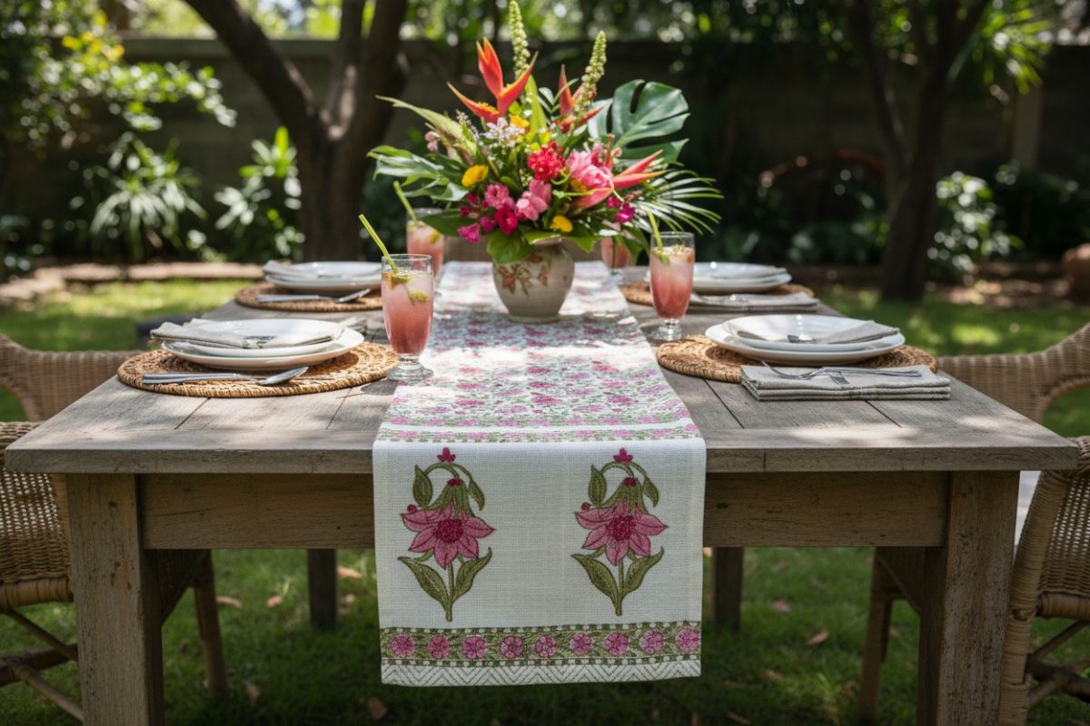Hand Block Print Lotus Bloom Cotton Table Runner — Pink & Olive 3