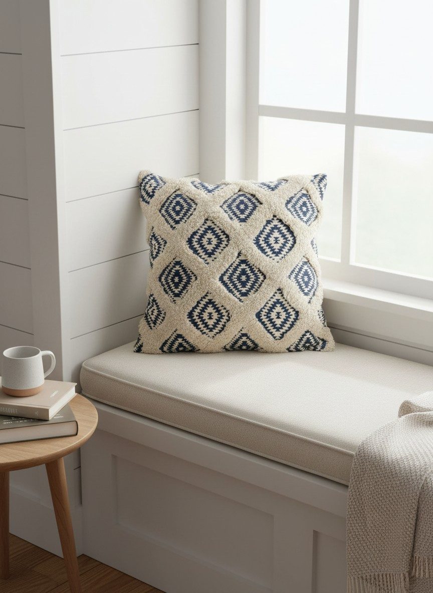 Boho Blue Kilim Aztec Diamond Print — Tufted Cushion Cover 16x16 Inch 3