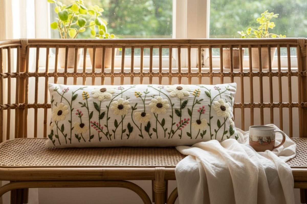 Botanical Embroidered Lumbar Cushion Cover – Ivory 5