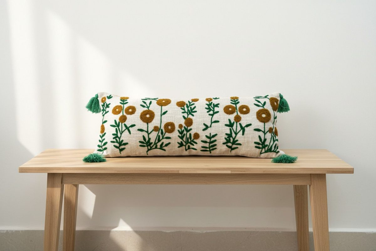 Embroidered Marigold Lumbar Cushion Cover with Tassels – Cream 1