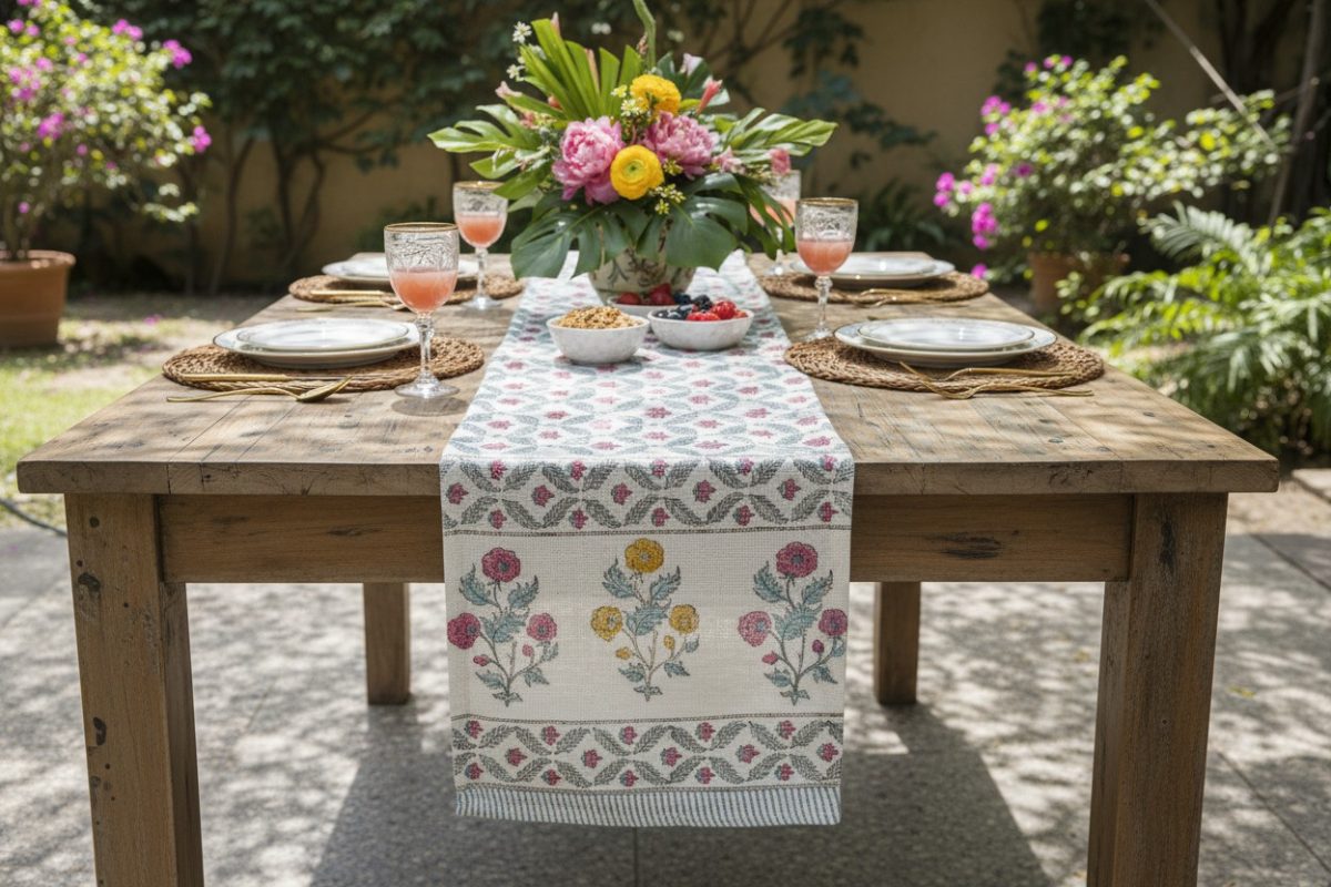 Hand Block Print Mughal Garden Jute Table Runner — Pink & Blue 4