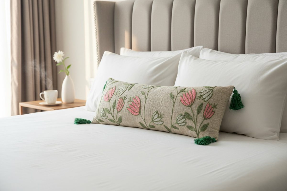 Embroidered Tulip Lumbar Cushion Cover with Tassels – Natural 2
