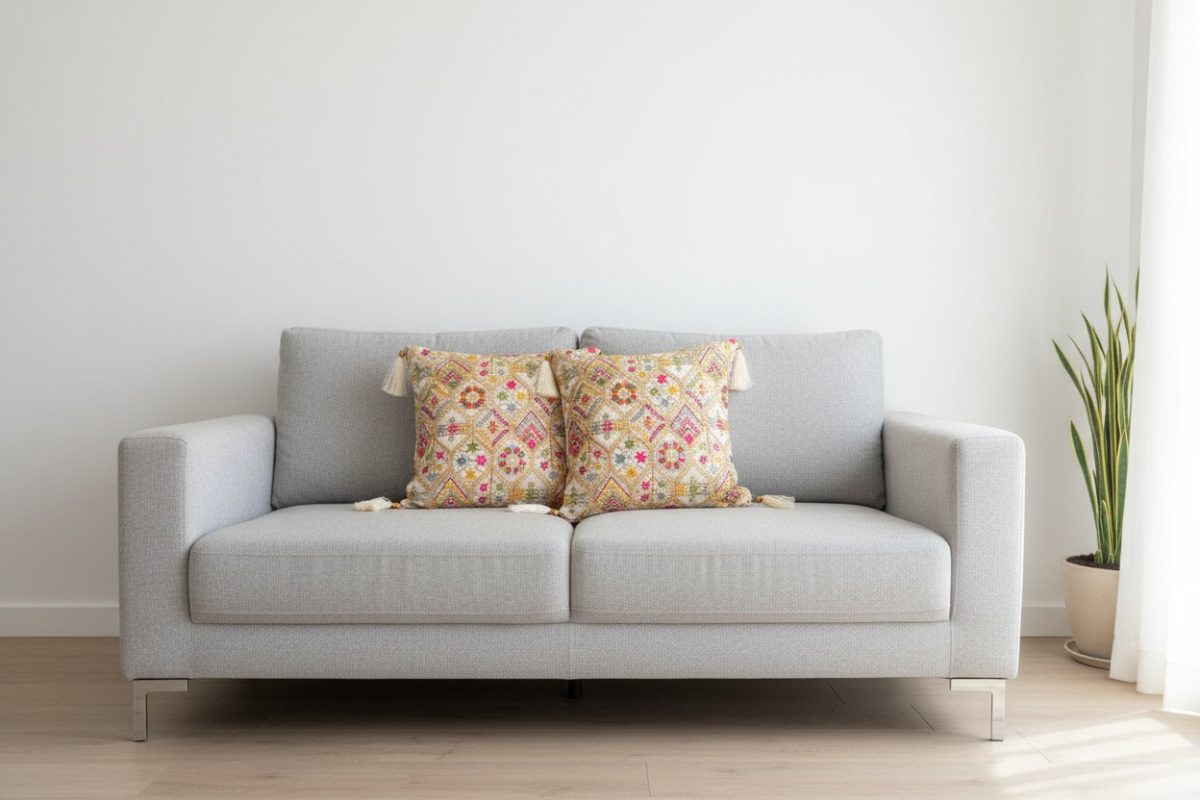 Embroidered Multicolour Square Cushion Cover with Tassels – Cream 3