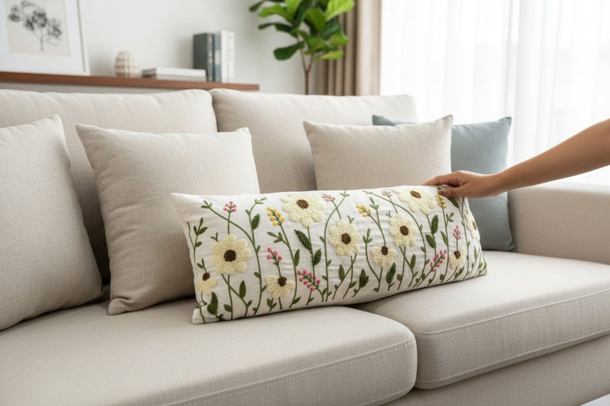 Botanical Embroidered Lumbar Cushion Cover – Ivory 3