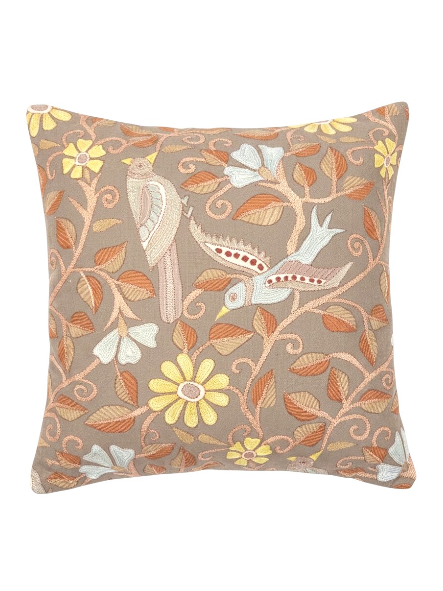 Dusty Brown Heritage Floral & Bird Printed Cushion Covers 16x16 Inch 1
