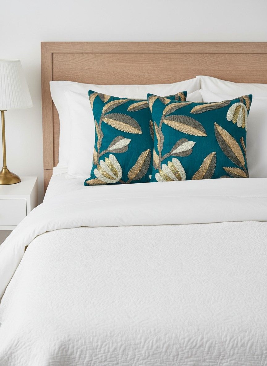 Embroidered Sequin Floral Square Cushion Cover – Teal & Gold 5