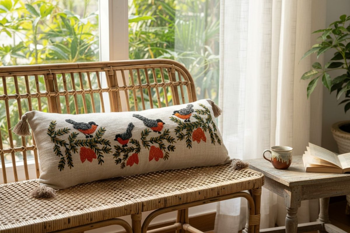 Embroidered Robin & Pine Lumbar Cushion Cover with Tassels – Multi Corns 5