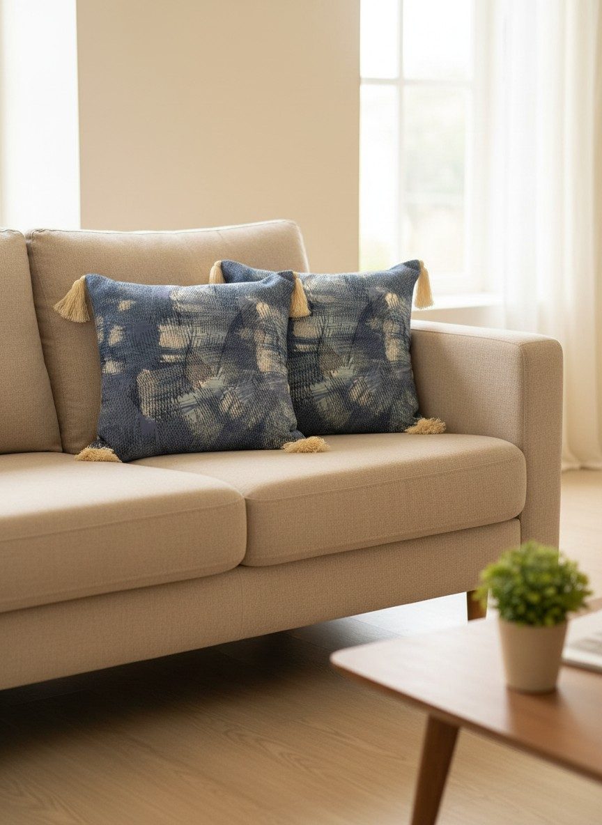 Tie-Dye Textured Square Cushion Cover with Tassels – Blue & Cream 4