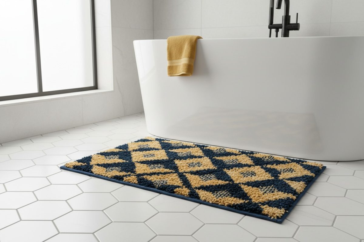 The Harlequin Bath/Door Mat — Indigo & Ochre 2