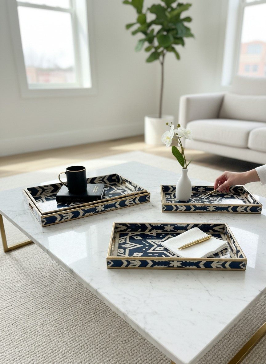 Decorative Serving Tray Set of 3 | Printed MDF Trays with Raised Bar Handles - Navy Geometric 3