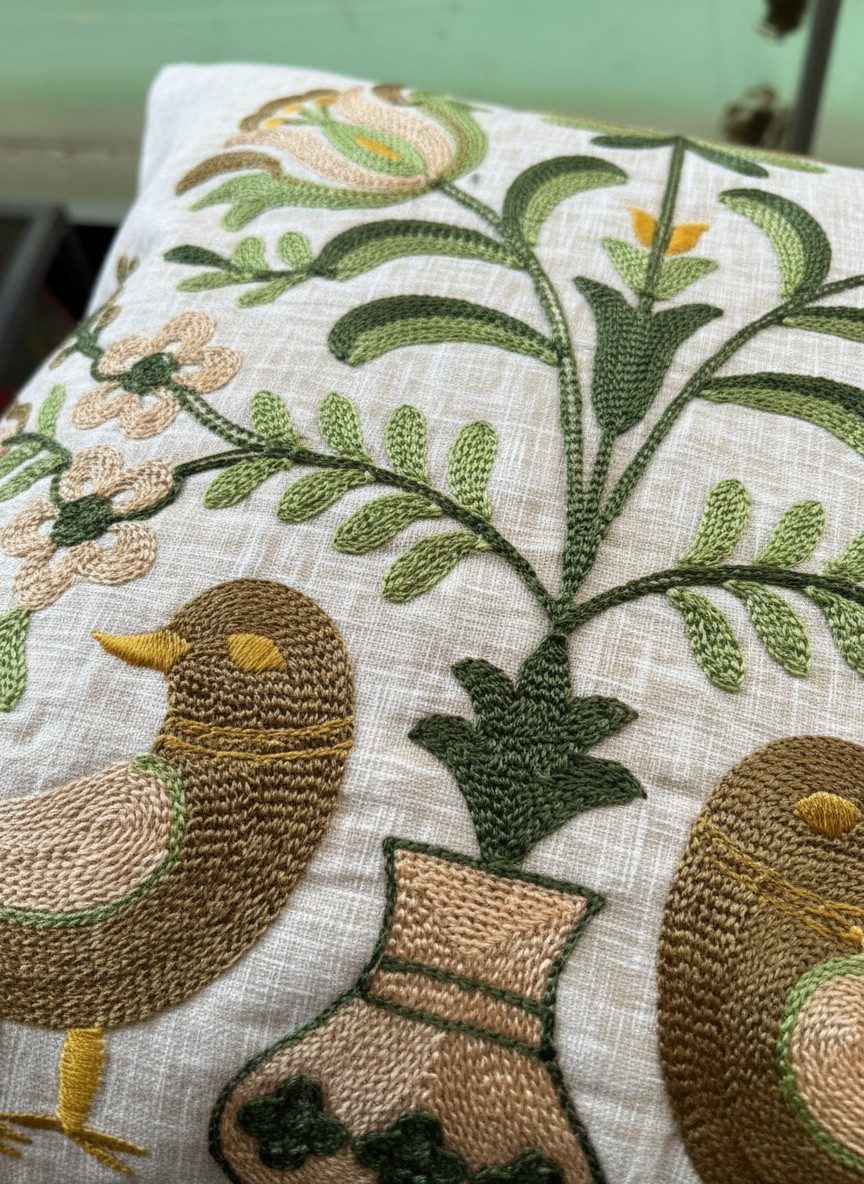 Beige Embroidered Cushion Cover — 16x16 Inches | Folk Birds & Floral Throw Pillow Cover 2