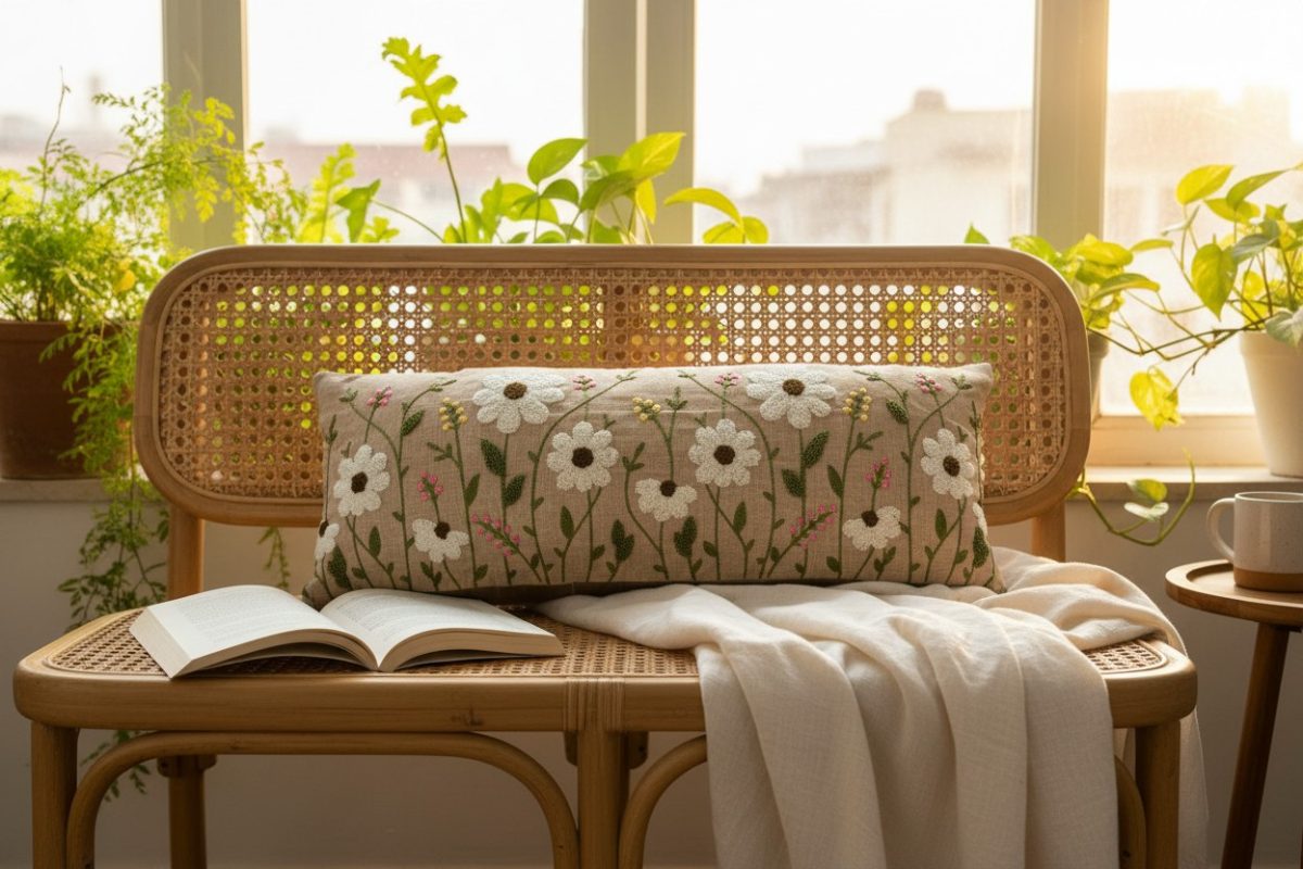Botanical Embroidered Lumbar Cushion Cover – Beige 1