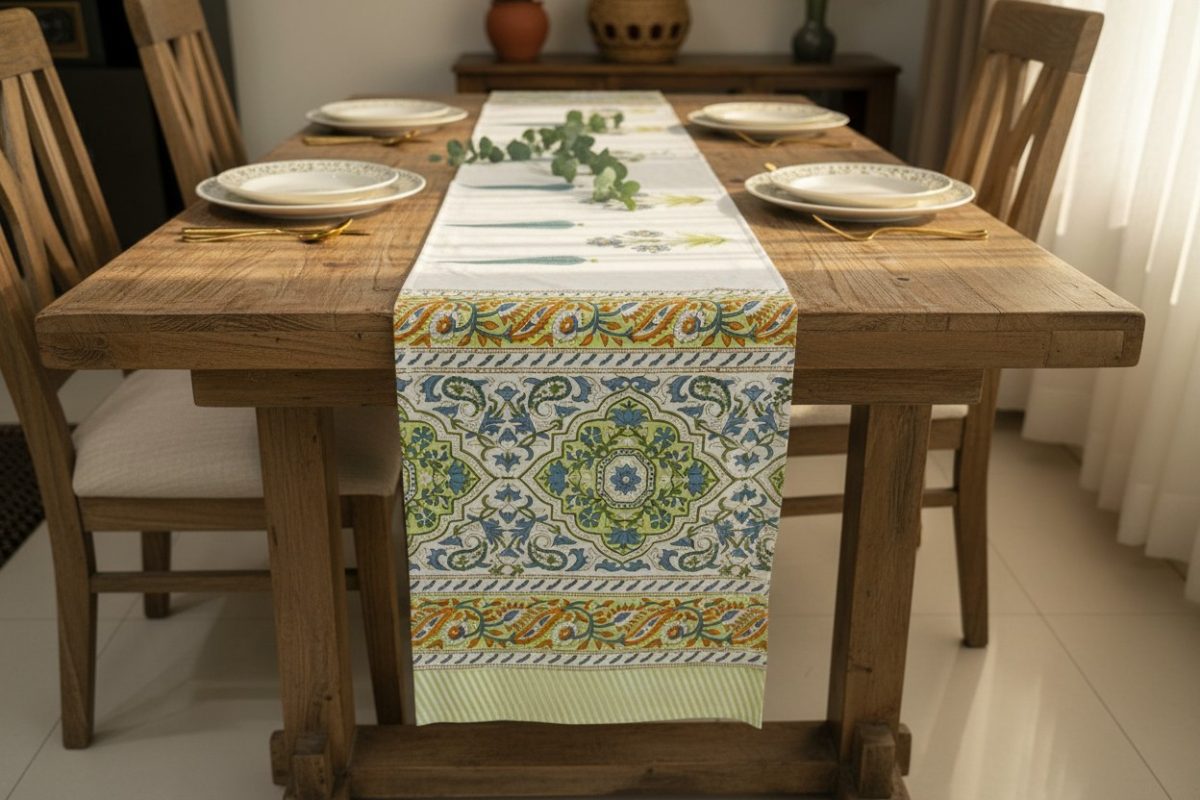 Hand Block Print Persian Medallion Cotton Table Runner — Multi 3