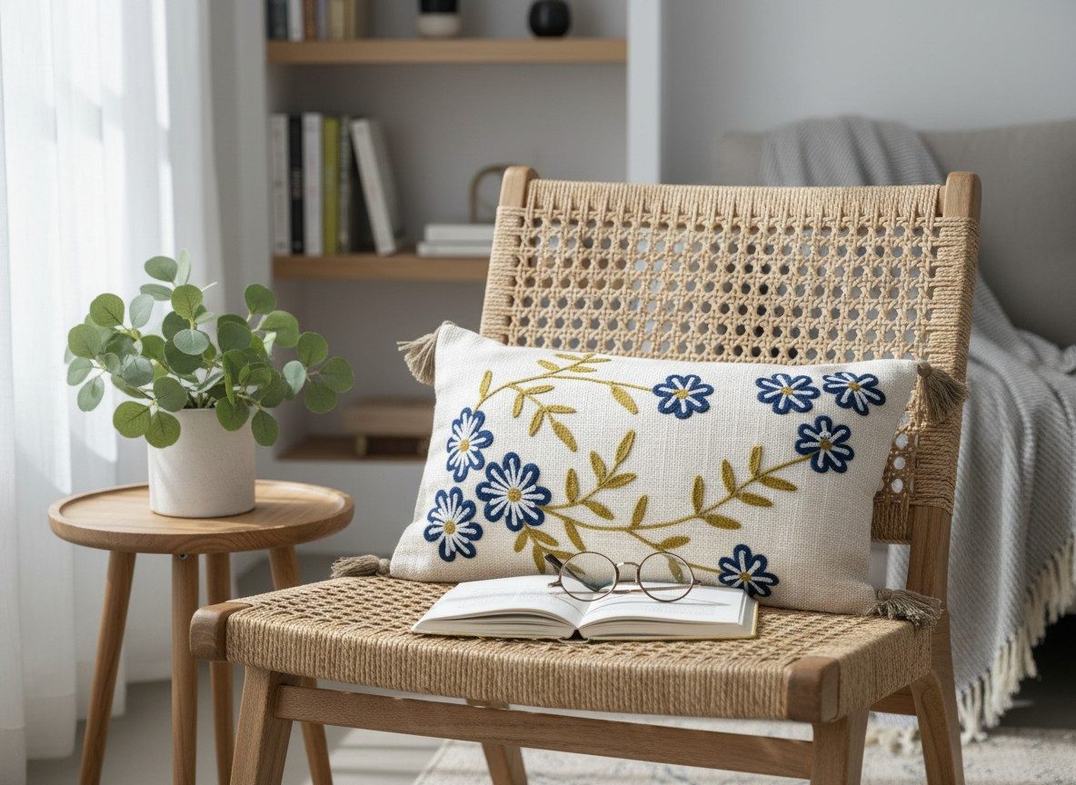 Embroidered Decorative 12X20 inch Cushion Cover with Tassels – Boho Embroidered Throw Pillow Case (1 Pc) - Navy Floral 2