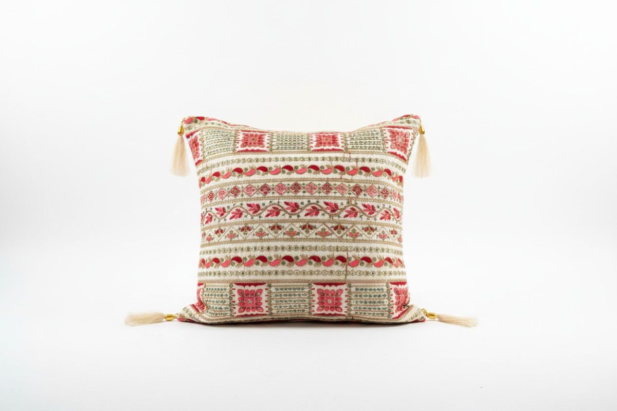 Embroidered Bohemian Square Cushion Cover with Tassels – Cream & Red 1